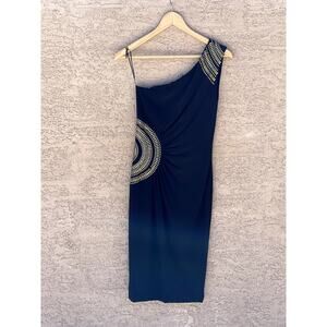 Cache One Shoulder Black and Gold Beaded Dress - Medium